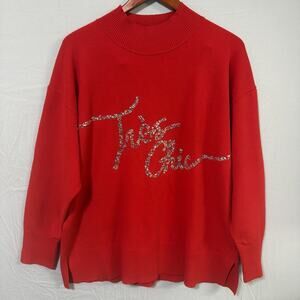 Karl Lagerfeld Paris Womens L Red Sweater Rhinestone Tres Chic Mock Neck